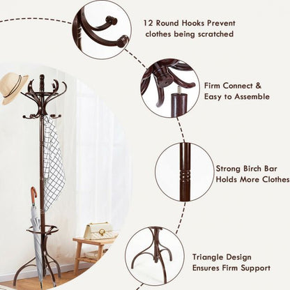 Practical Birch Coat Stand with 360° Rotating Top Tier for Jacket Red-Brown