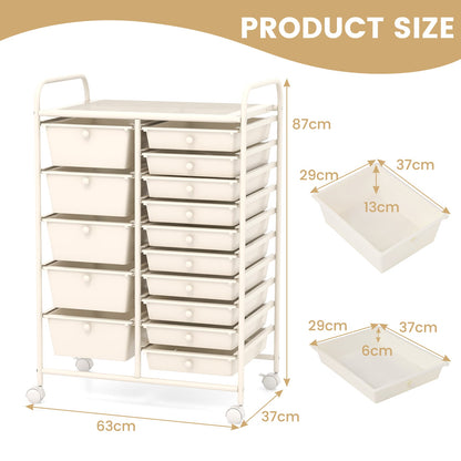 15 Drawer Rolling Storage Cart with 4 Wheels for Beauty Salon-White