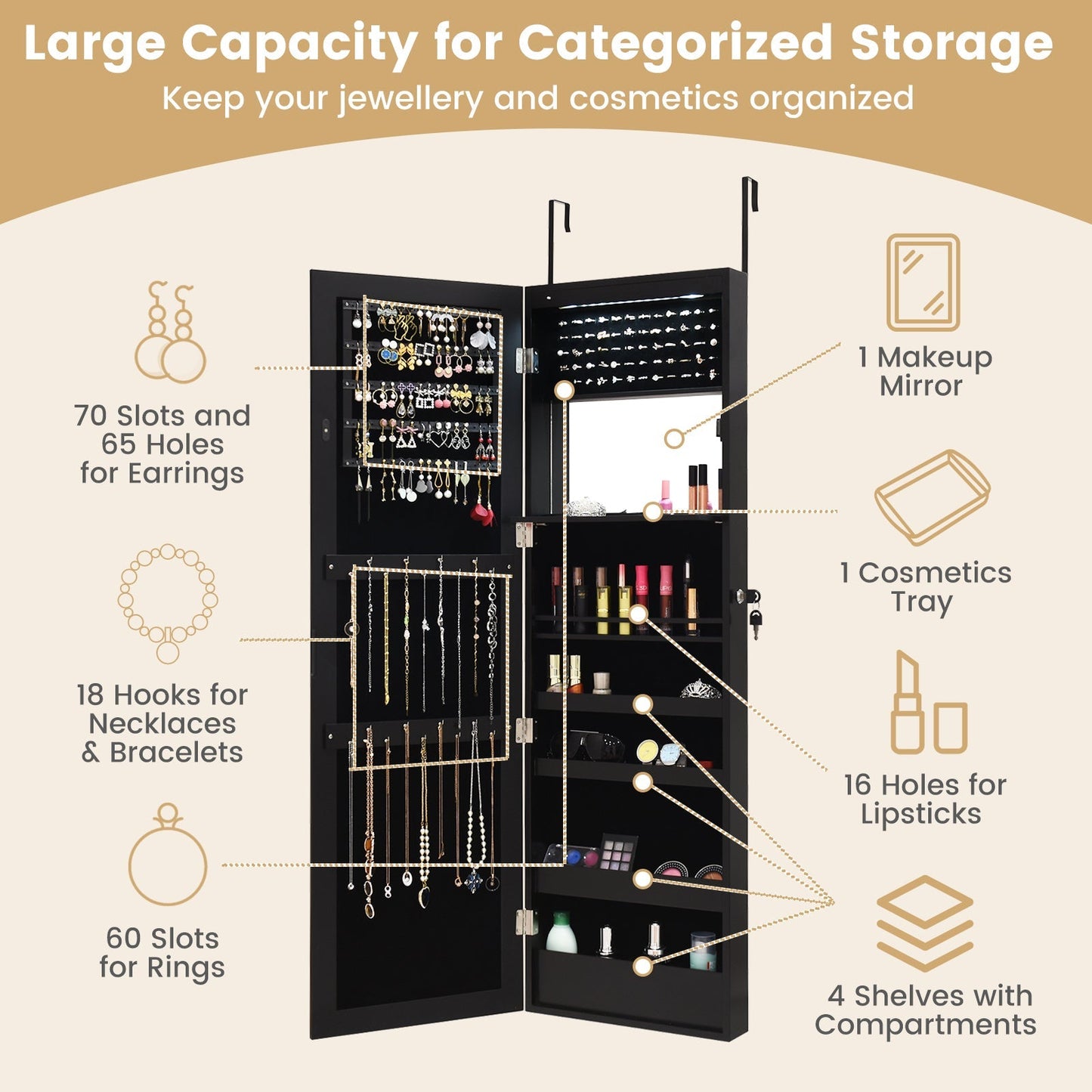 120cm Full Length Lockable Mirror Jewelry Cabinet with 15 LEDs-Black