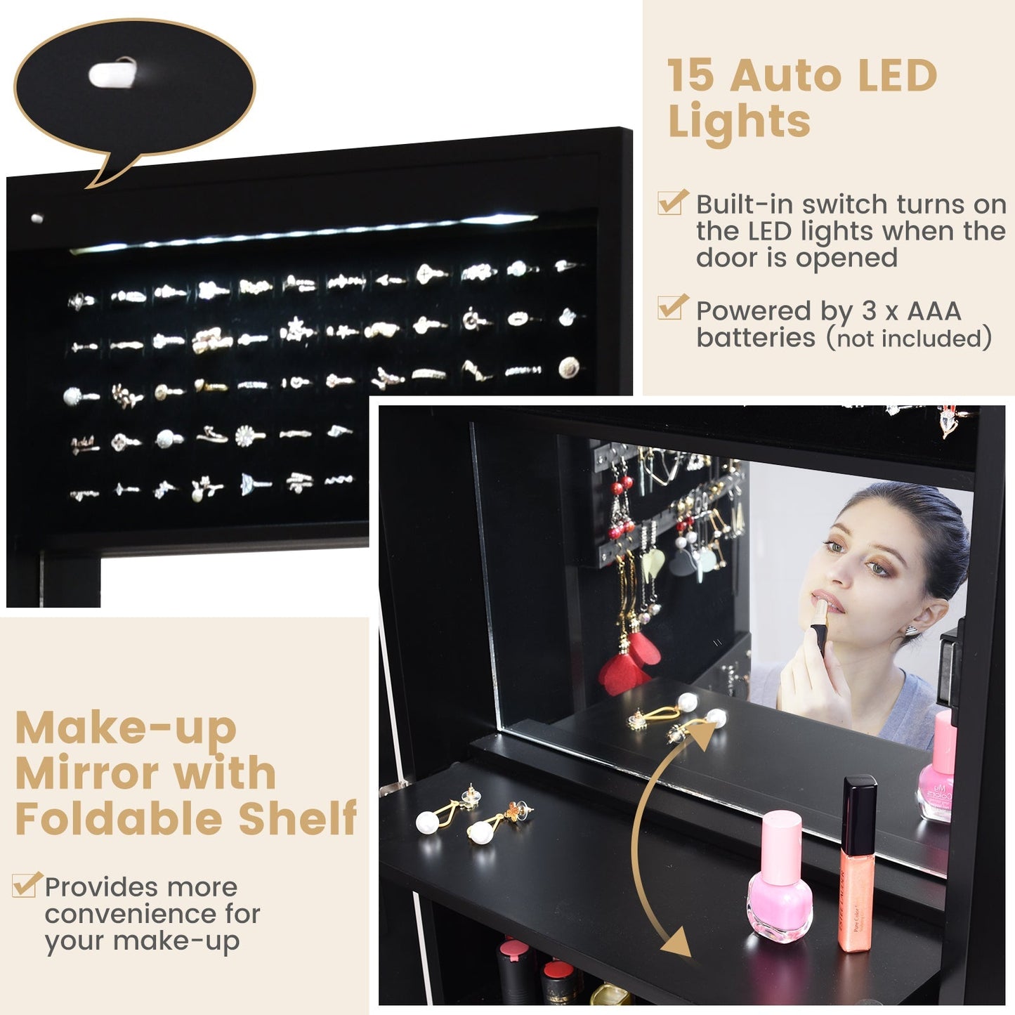 120cm Full Length Lockable Mirror Jewelry Cabinet with 15 LEDs-Black