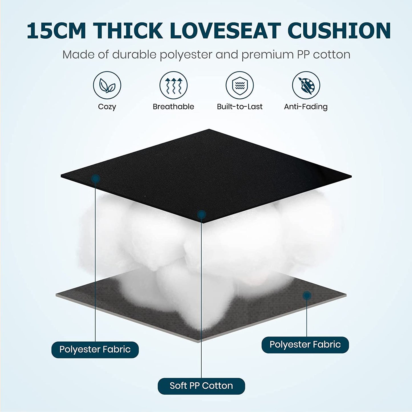15cm Thick Garden Bench Cushion for Outdoor and Indoor Use-Black