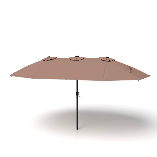 15ft Double-Sided Patio Umbrella with 144 Solar LED Lights Crank Handle No Base-Brown