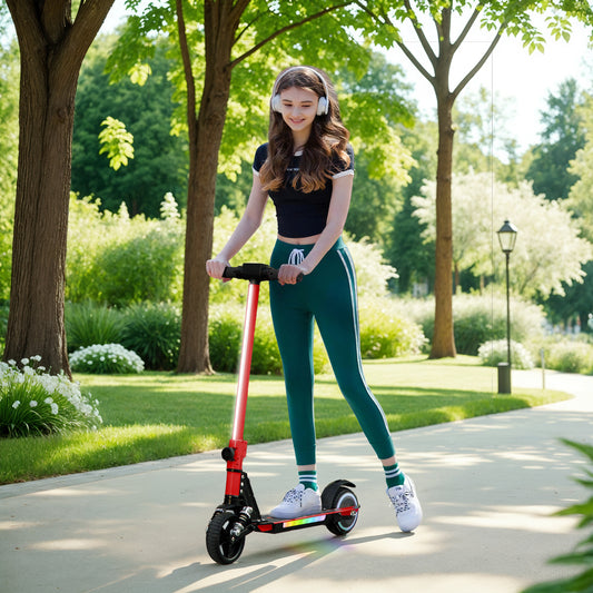 SPORTNOW Folding Electric Scooter for Kids, with Dual Brakes, Front Suspension, LED Colourful Lights, Red