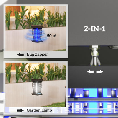 Elektryczna pułapka na muchy Outsunny 2 w 1 z lampą UVA, wisząca lampa ogrodowa, solarna i ładowana przez USB-DC, pułapka na owady i komary, do użytku wewnątrz i na zewnątrz, czarna