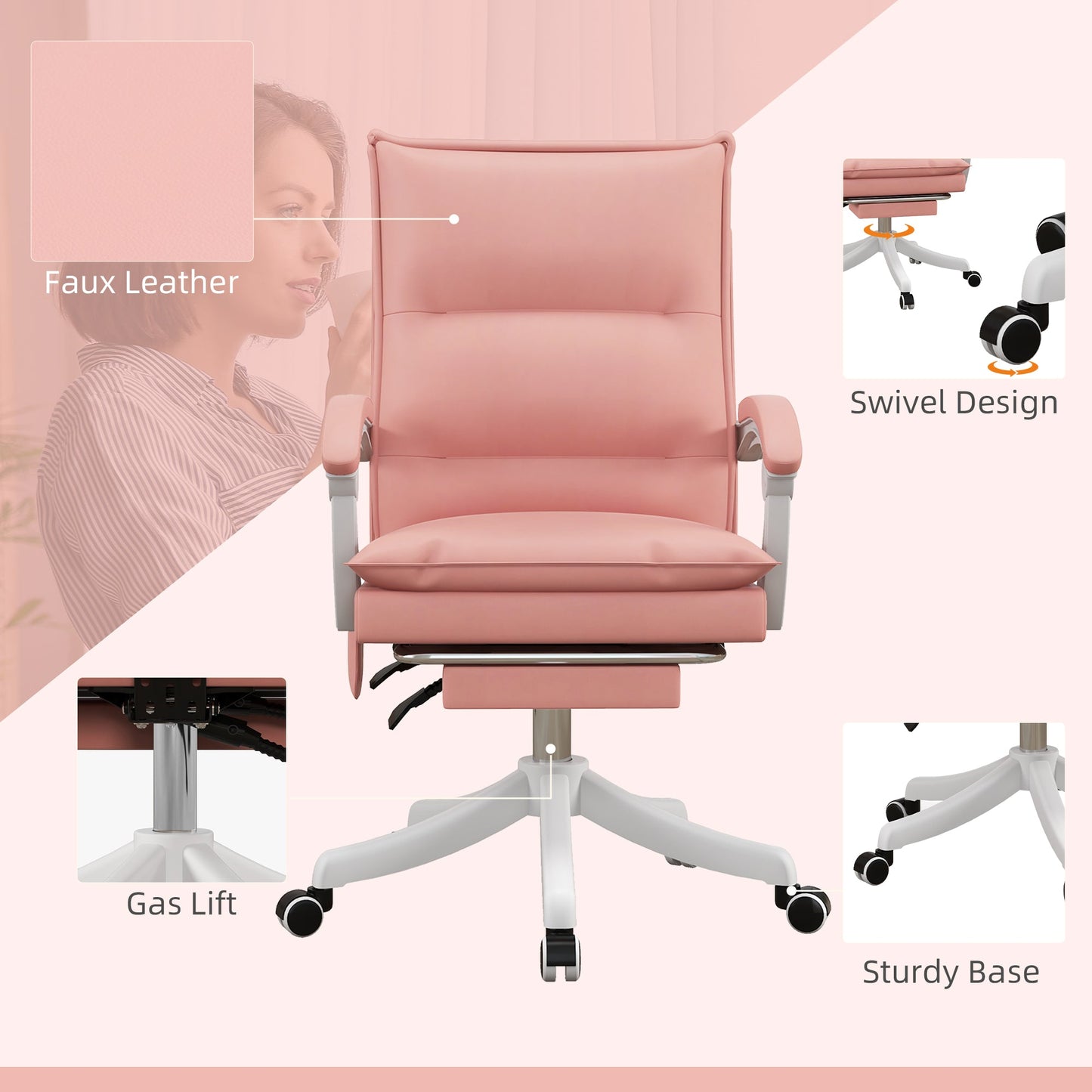 Vinsetto Massage Office Chair with Heat, Ergonomic Computer Desk Chairs, Faux Leather Desk Chair with Footrest, Armrest and Reclining Backrest, Pink