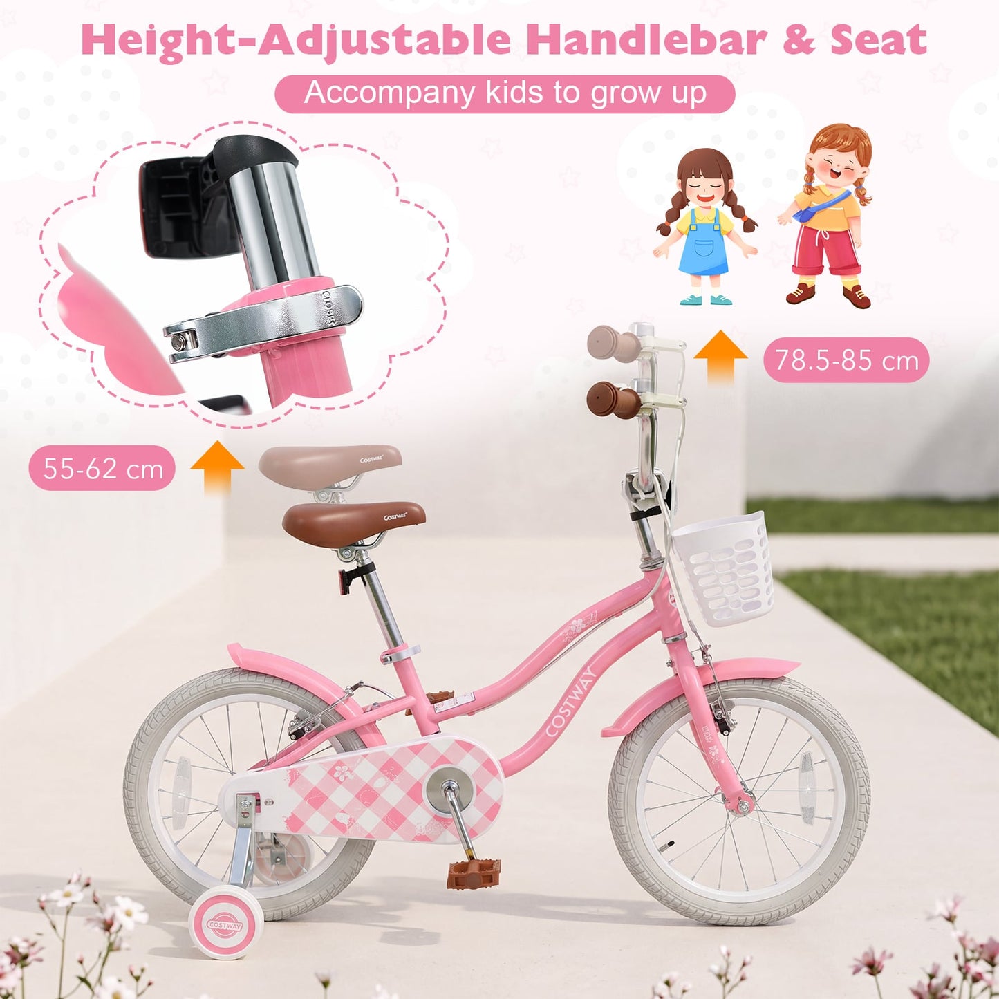 16 Inch Girls Bike with Basket for 4-7 Years Retro Series Peach Pink