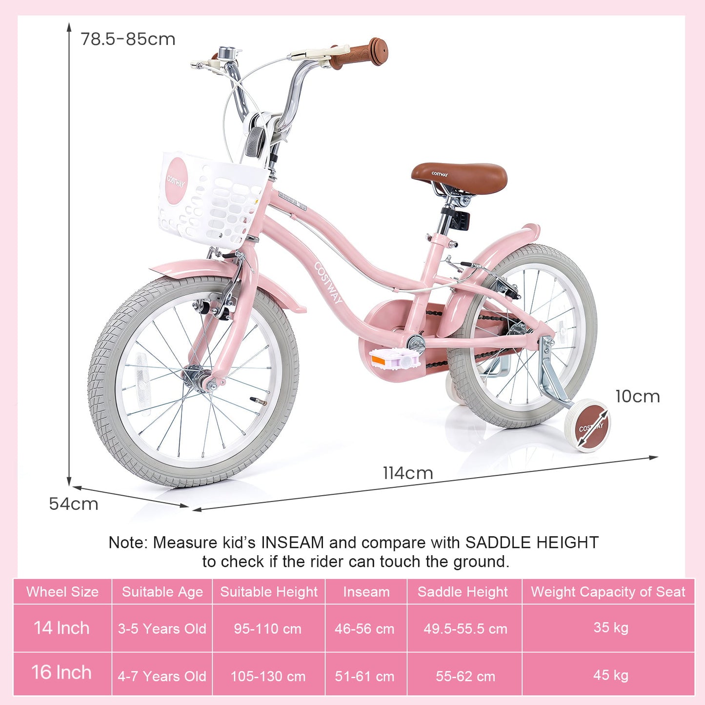 16 Inch Girls Bike with Basket for 4-7 Years Retro Series Sakura Pink