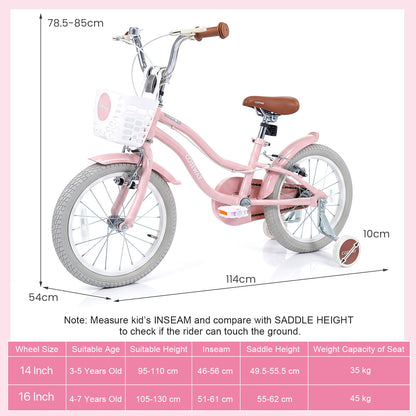 16 Inch Girls Bike with Basket for 4-7 Years Retro Series Sakura Pink