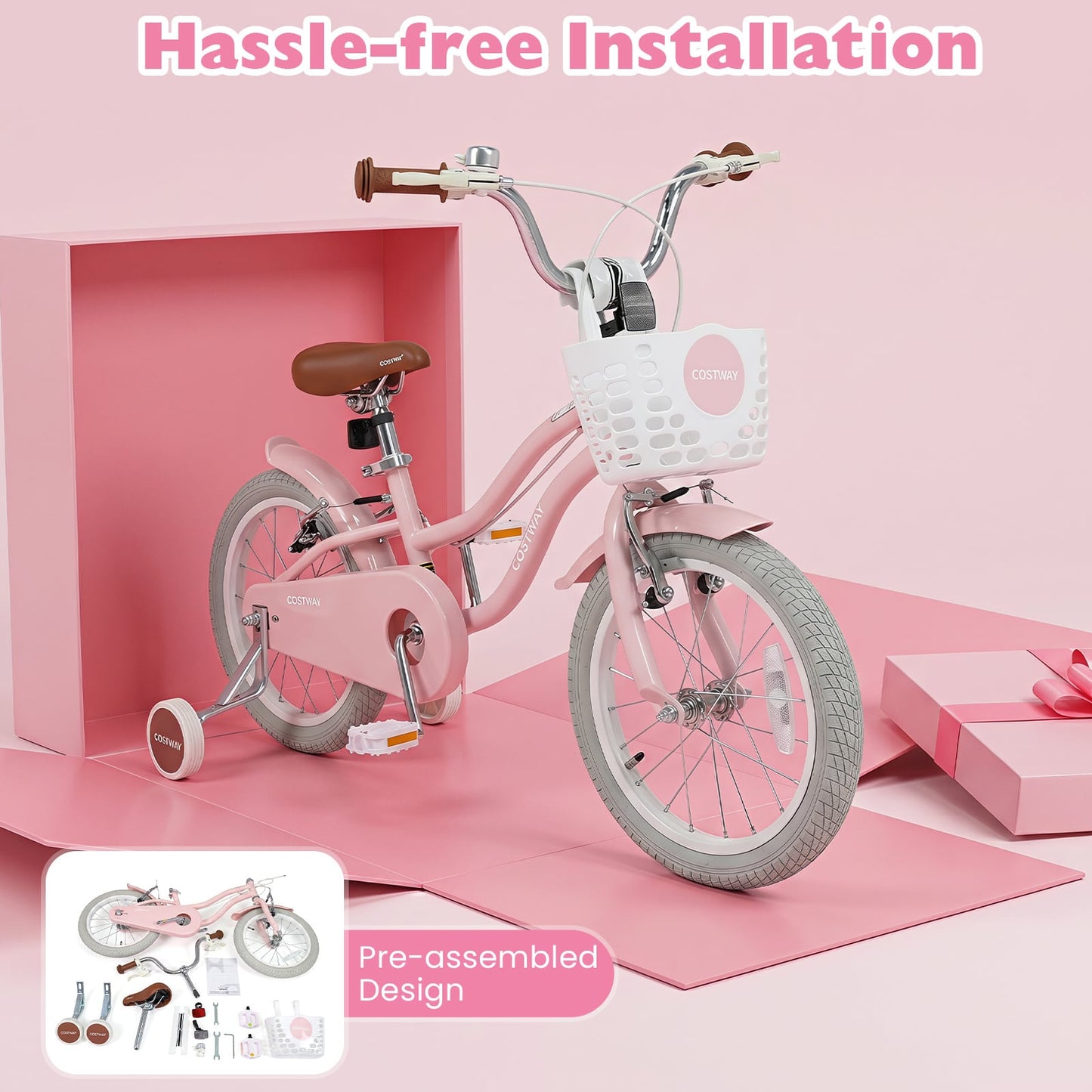 16 Inch Girls Bike with Basket for 4-7 Years Retro Series Sakura Pink