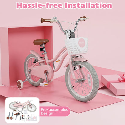16 Inch Girls Bike with Basket for 4-7 Years Retro Series Sakura Pink
