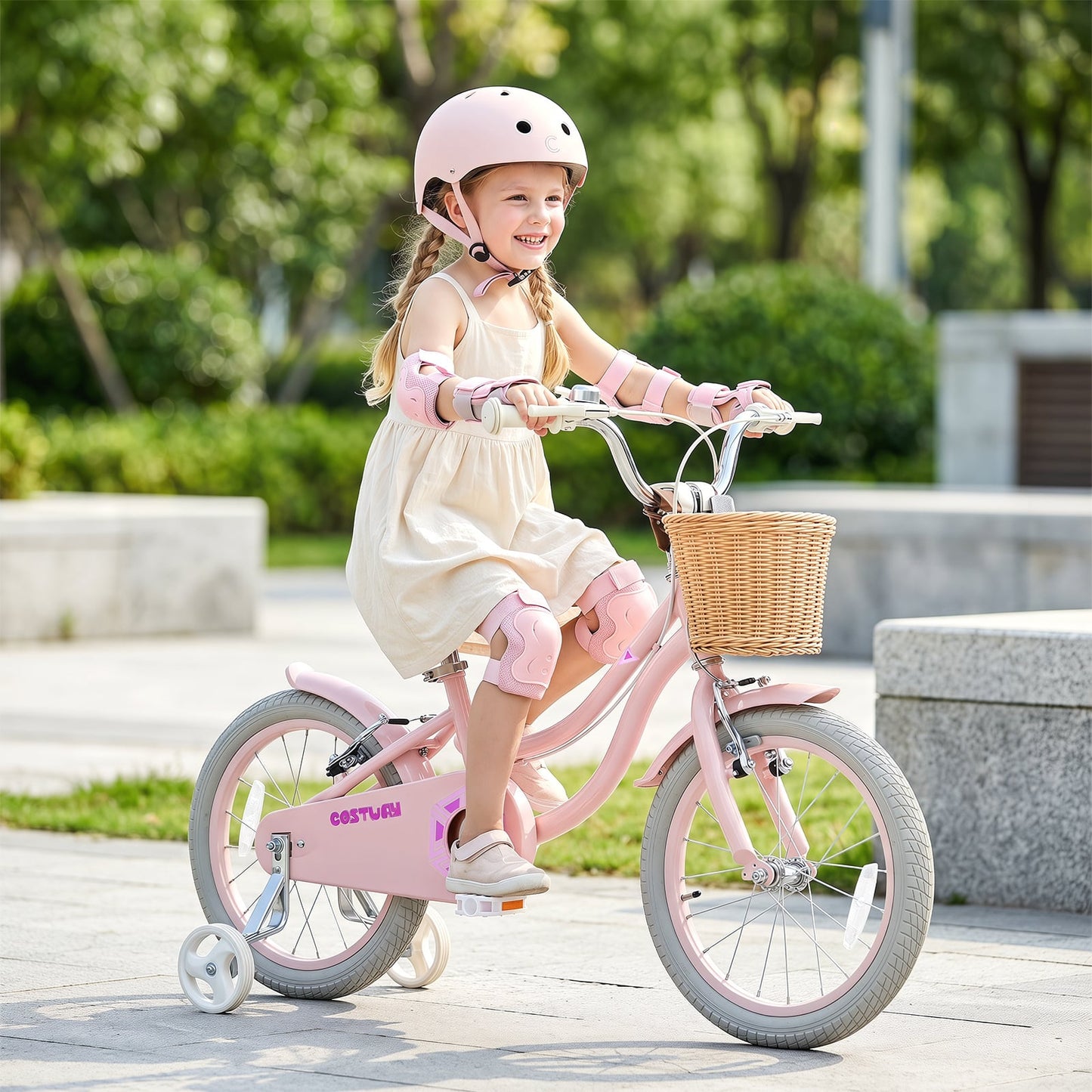 16 Inch Girls Bike with Woven Basket for 4-7 Years Cottage Series Sakura Pink