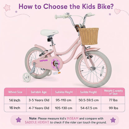 16 Inch Girls Bike with Woven Basket for 4-7 Years Cottage Series Sakura Pink