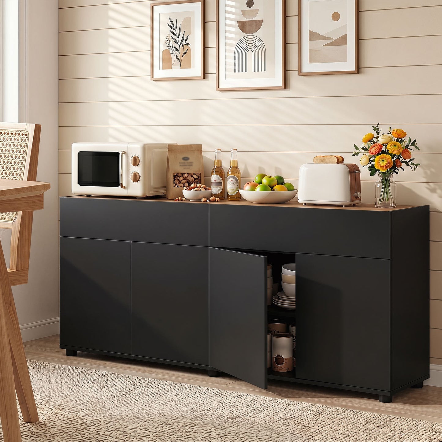 160 cm Buffet Cabinet with Push-to-Open Doors & 2 Drawers for Dining Room-Black
