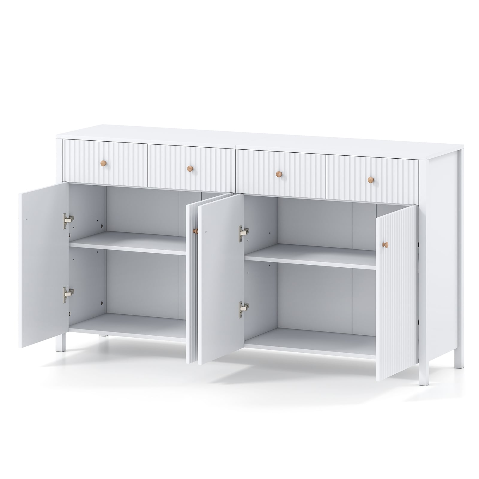 160 cm Sideboard Buffet Cabinet Fluted Large 4-Door Storage Organizer with 4 Drawers-White