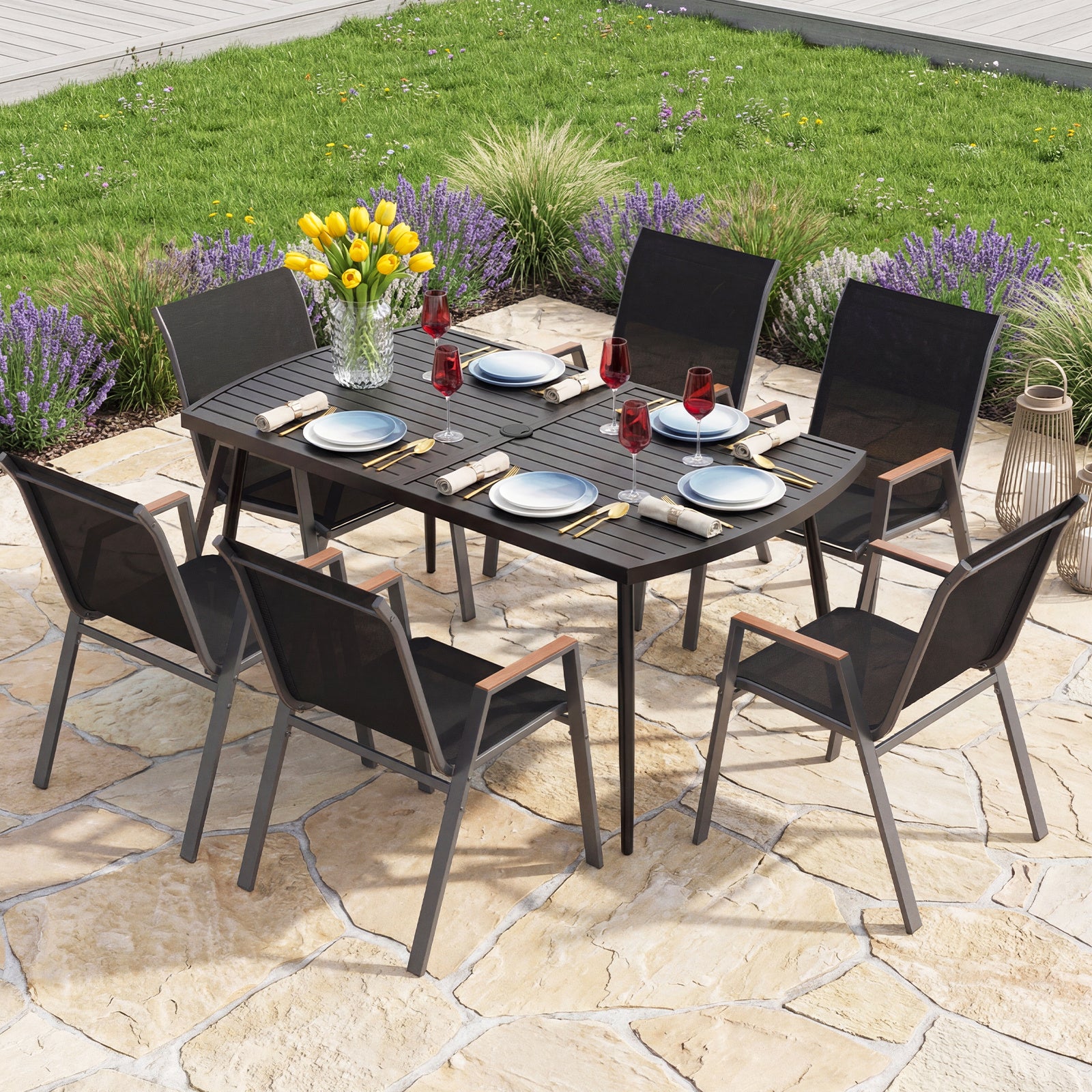 160 x 90 cm Patio Dining Table Rectangle Metal Slat Table with 4 cm Umbrella Hole-Black