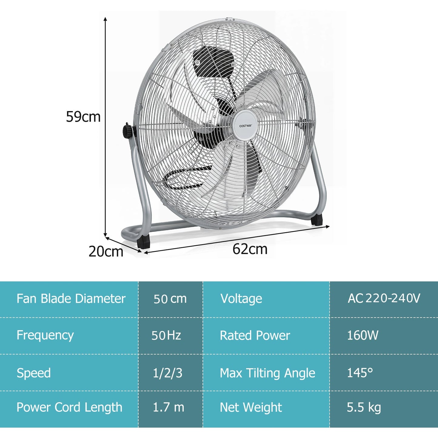 160W High Velocity Floor Fan with 3 Speed and Adjustable Tilting Head-Silver