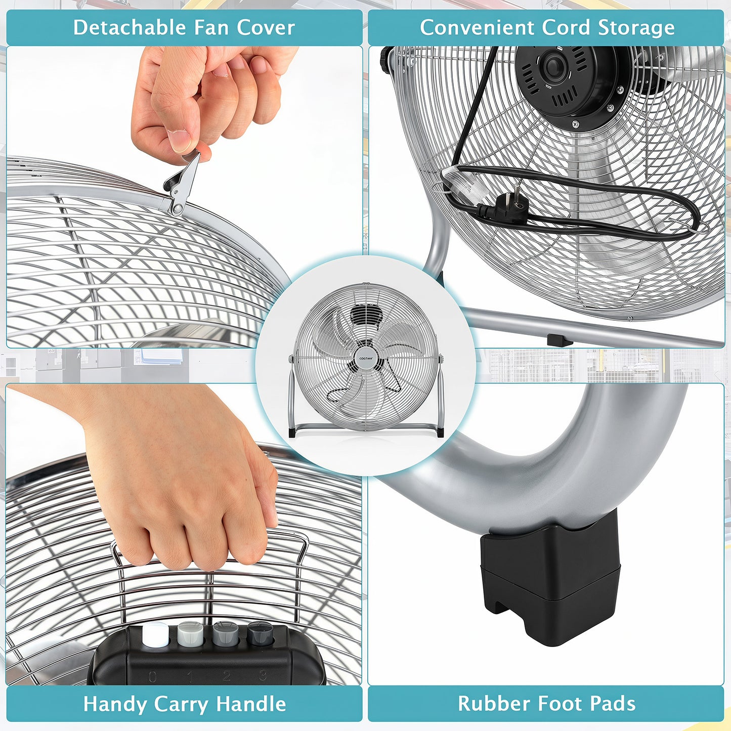 160W High Velocity Floor Fan with 3 Speed and Adjustable Tilting Head-Silver