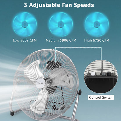 160W High Velocity Floor Fan with 3 Speed and Adjustable Tilting Head-Silver