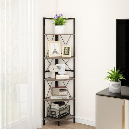 Corner shelf with 5 levels 160 cm high bookcase wooden standing shelf with metal frame oak grey