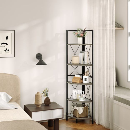 Corner shelf with 5 levels 160 cm high bookcase wooden standing shelf with metal frame oak grey