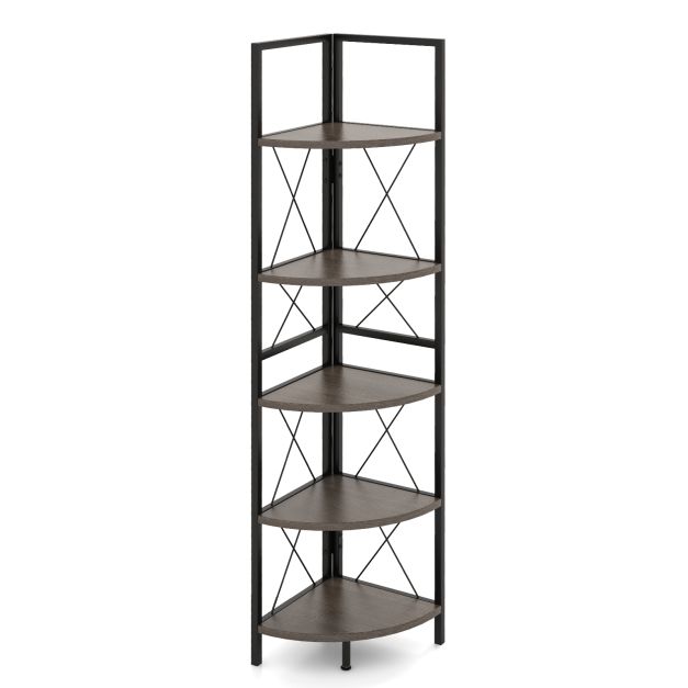 Corner shelf with 5 levels 160 cm high bookcase wooden standing shelf with metal frame oak grey
