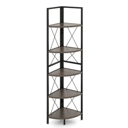 Corner shelf with 5 levels 160 cm high bookcase wooden standing shelf with metal frame oak grey