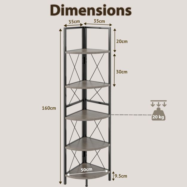 Corner shelf with 5 levels 160 cm high bookcase wooden standing shelf with metal frame oak grey
