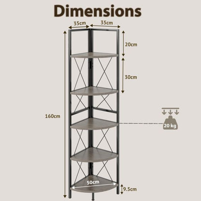 Corner shelf with 5 levels 160 cm high bookcase wooden standing shelf with metal frame oak grey