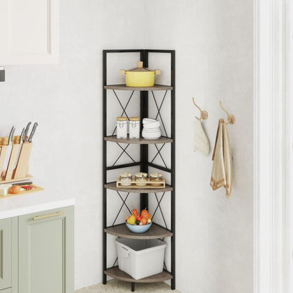Corner shelf with 5 levels 160 cm high bookcase wooden standing shelf with metal frame oak grey