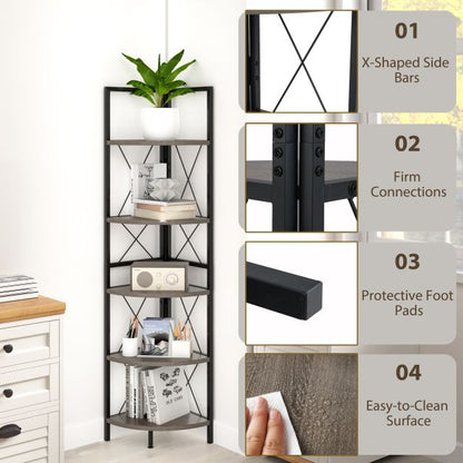 Corner shelf with 5 levels 160 cm high bookcase wooden standing shelf with metal frame oak grey