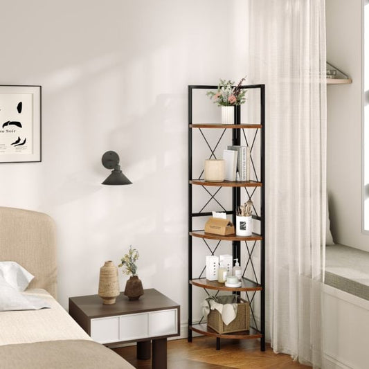 5-Tier Corner Bookshelf Stand with Metal Frame-Rustic Brown