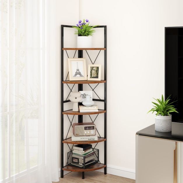 5-Tier Corner Bookshelf Stand with Metal Frame-Rustic Brown
