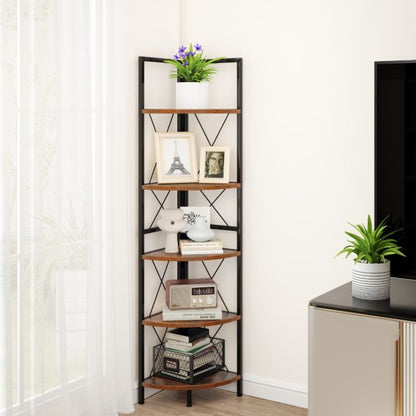 5-Tier Corner Bookshelf Stand with Metal Frame-Rustic Brown