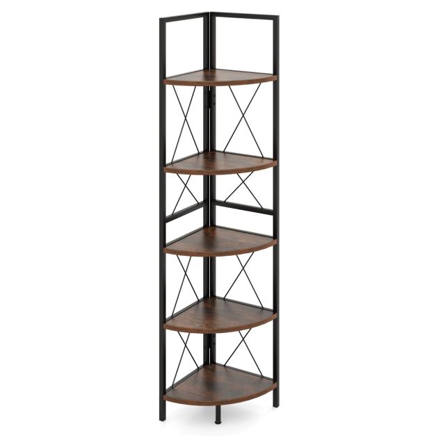 5-Tier Corner Bookshelf Stand with Metal Frame-Rustic Brown