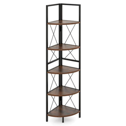 5-Tier Corner Bookshelf Stand with Metal Frame-Rustic Brown
