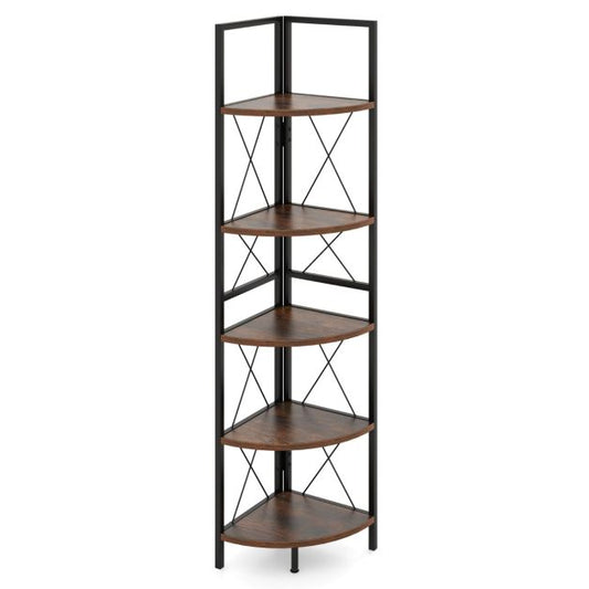 5-Tier Corner Bookshelf Stand with Metal Frame-Rustic Brown