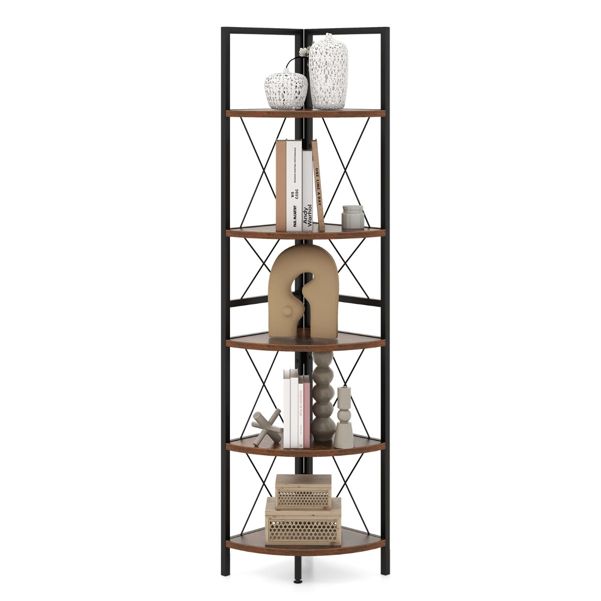 160 CM 5 tier Corner Bookshelf with Metal Frame X-shaped Brackets-Rustic Brown