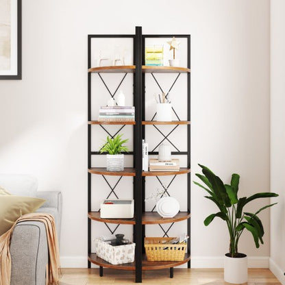 5-Tier Corner Bookshelf Stand with Metal Frame-Rustic Brown