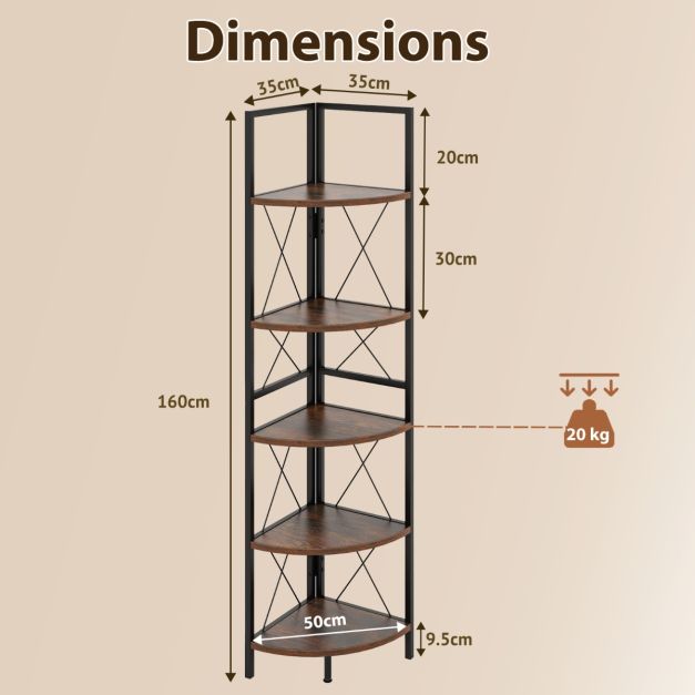 5-Tier Corner Bookshelf Stand with Metal Frame-Rustic Brown