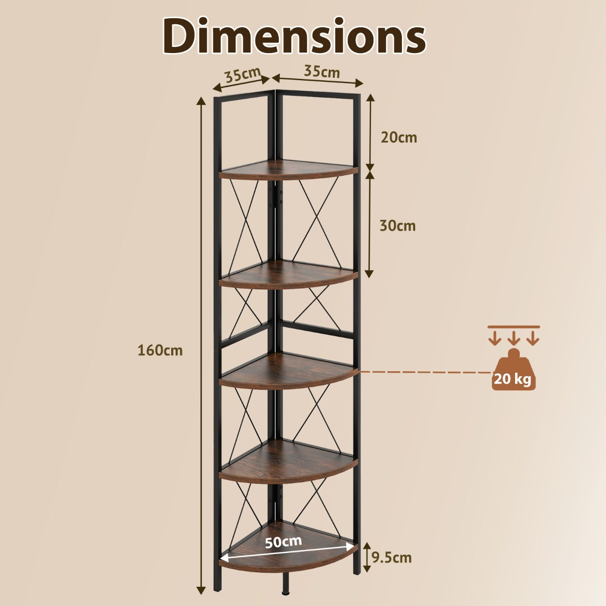160 CM 5 tier Corner Bookshelf with Metal Frame X-shaped Brackets-Rustic Brown