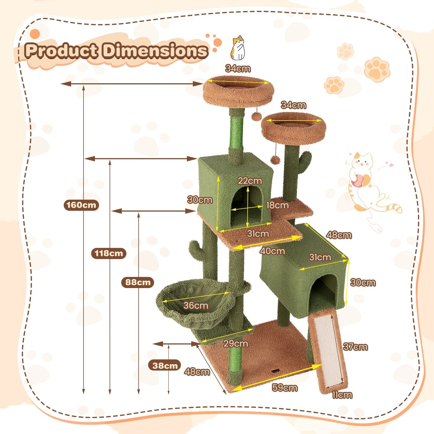160 cm Multi-level Cactus Cat Tree for Indoor Cats with Scratching Posts-Green