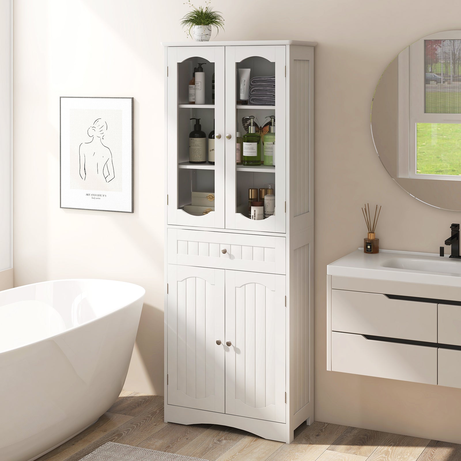160cm Freestanding Linen Tall Bathroom Storage Cabinet with 2 Glass Doors-White