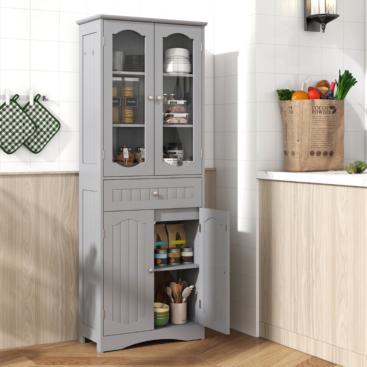 160cm Freestanding Linen Tall Bathroom Storage Cabinet with 2 Glass Doors-Grey