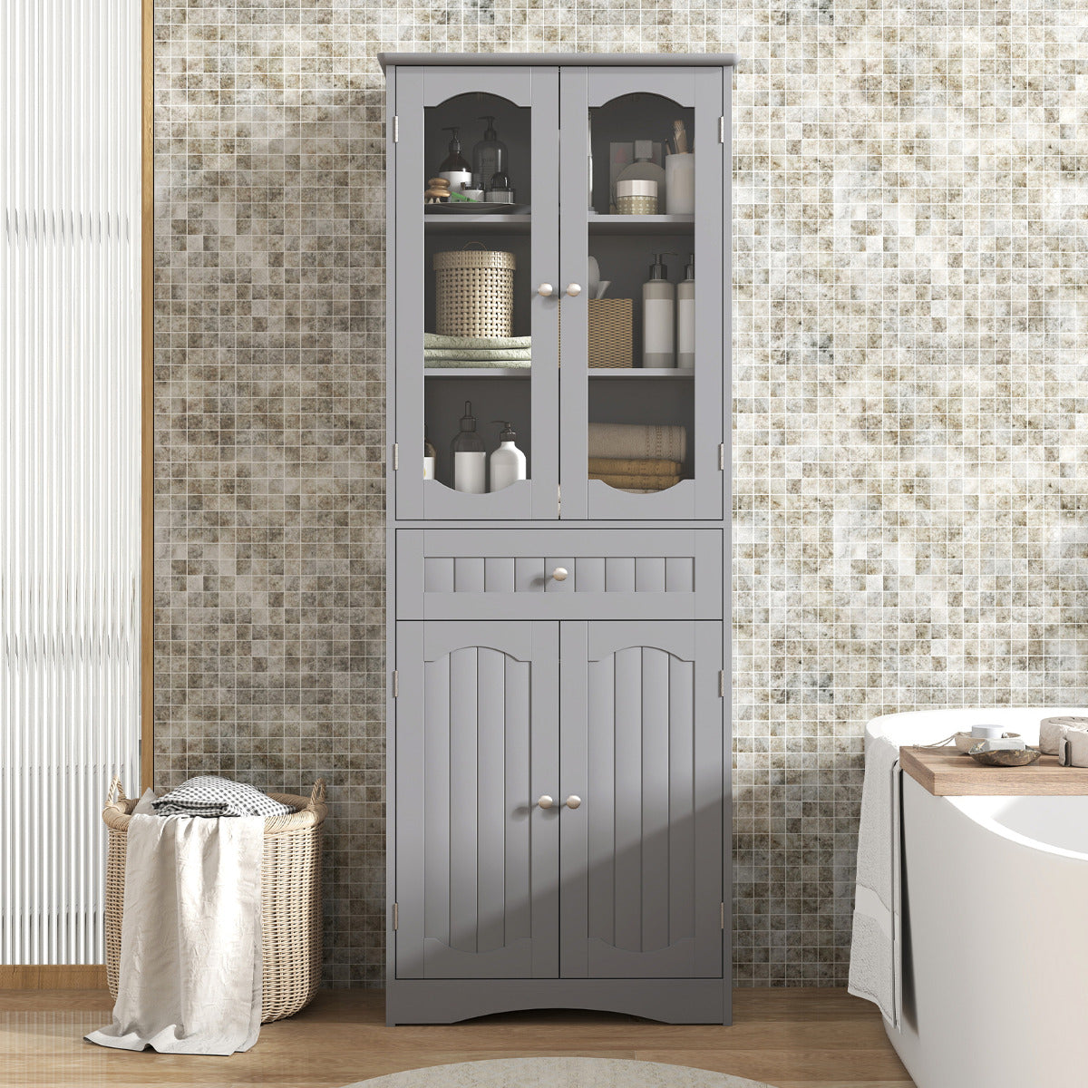 160cm Freestanding Linen Tall Bathroom Storage Cabinet with 2 Glass Doors-Grey