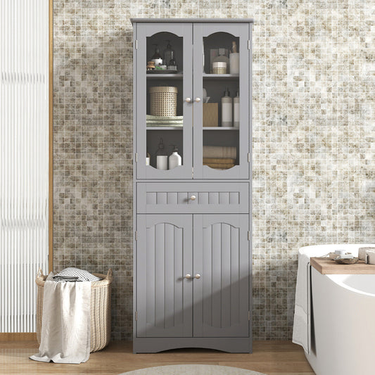 160cm Freestanding Linen Tall Bathroom Storage Cabinet with 2 Glass Doors-Grey