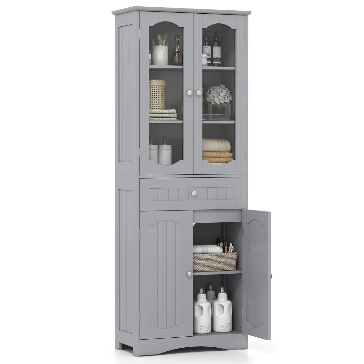160cm Freestanding Linen Tall Bathroom Storage Cabinet with 2 Glass Doors-Grey