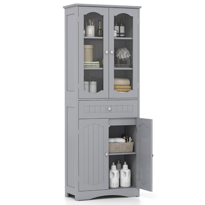160cm Freestanding Linen Tall Bathroom Storage Cabinet with 2 Glass Doors-Grey
