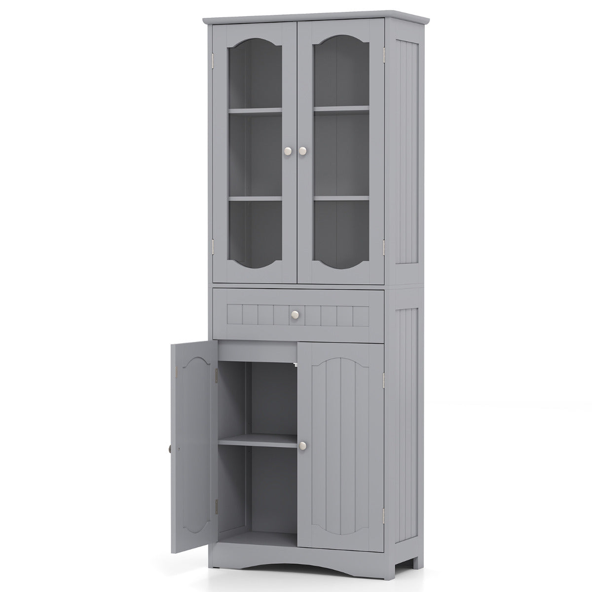 160cm Freestanding Linen Tall Bathroom Storage Cabinet with 2 Glass Doors-Grey