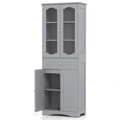 160cm Freestanding Linen Tall Bathroom Storage Cabinet with 2 Glass Doors-Grey