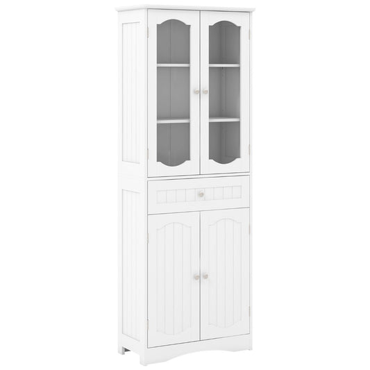 160cm Freestanding Linen Tall Bathroom Storage Cabinet with 2 Glass Doors-White